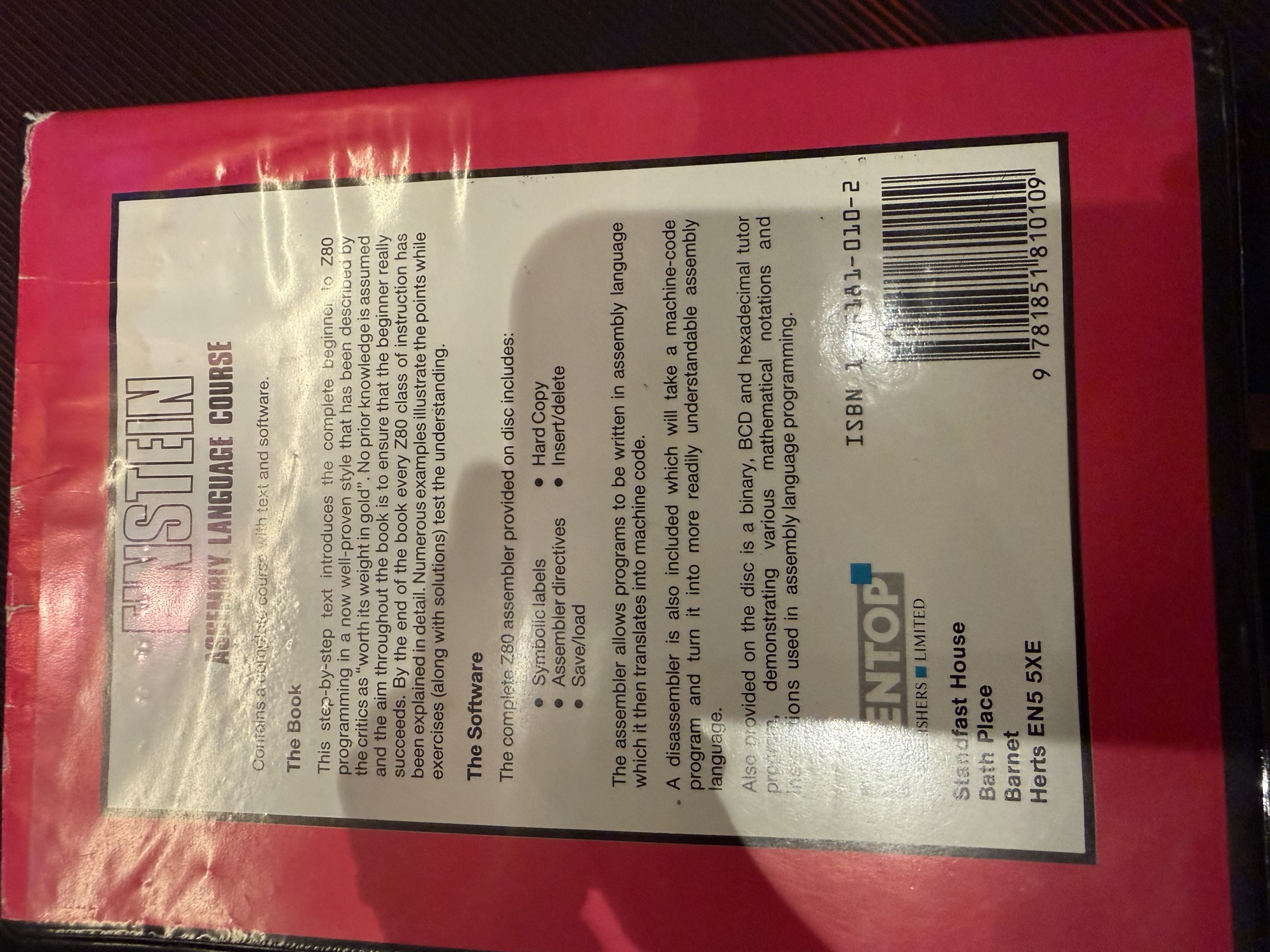 Back of the book, describing the book and the software