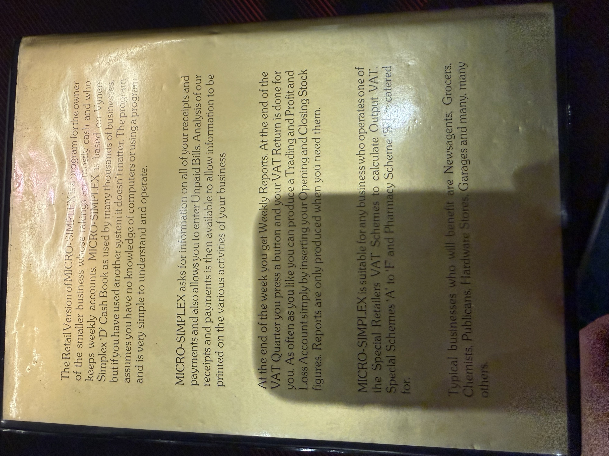 Case back describing the retail version of Micro-Simplex