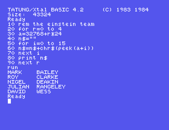 The nine line program listed in Xtal BASIC, and below it the five names printed: MARK BAILEY, ROY CLARKE, NIGEL DEAKIN, JULIAN RANGELEY, DAVID WESS