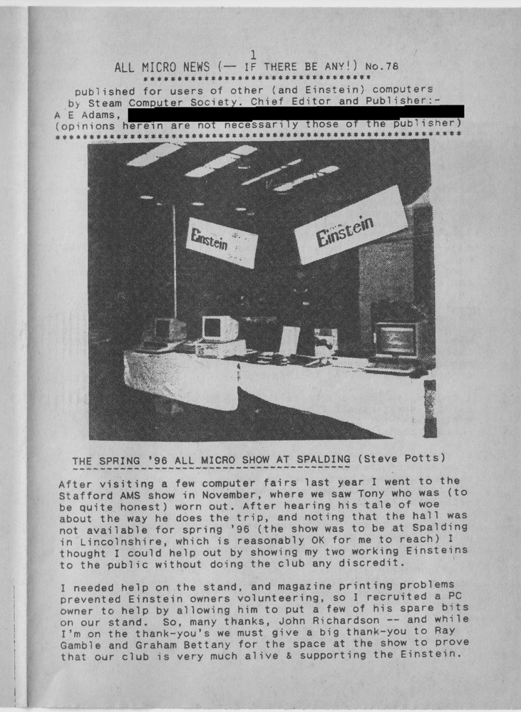 The first page of All Micro News No. 78, 1996