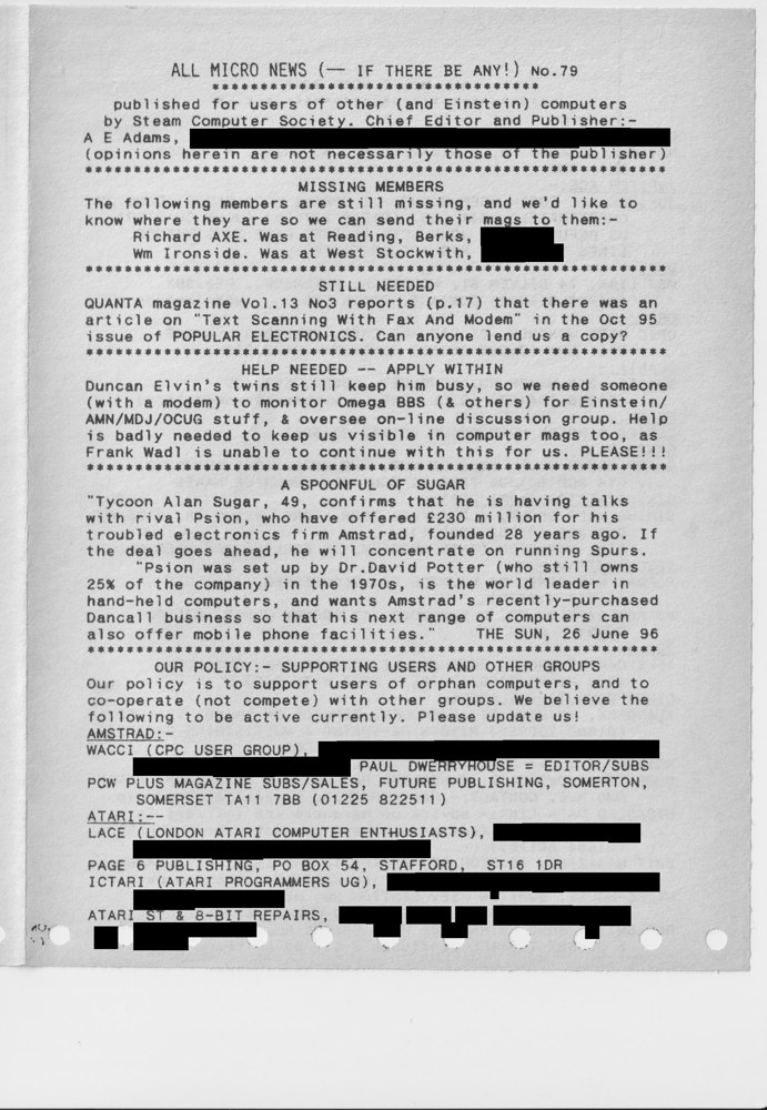 The first page of All Micro News No. 79, 1996