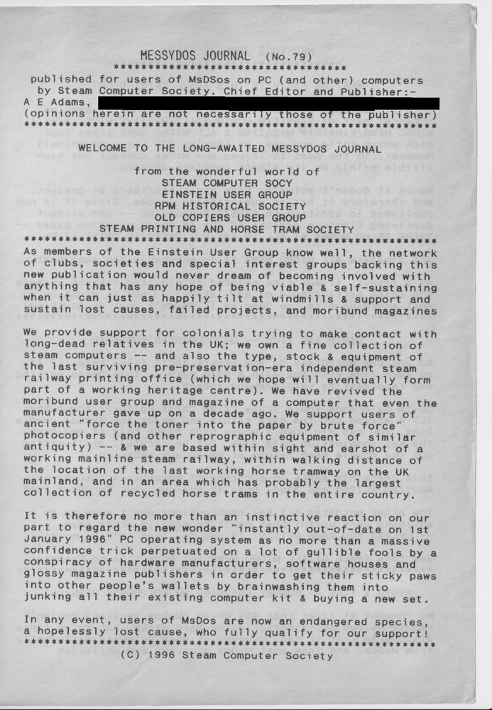 The first page of Messydos Journal No. 79, 1996