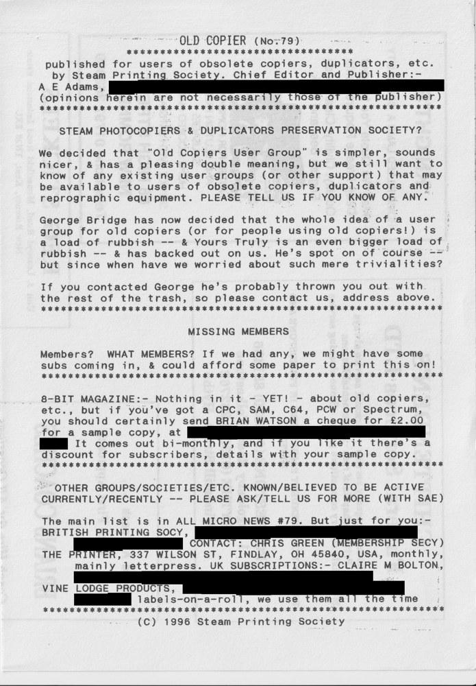 Old Copier No. 79, a one page newsletter, 1996