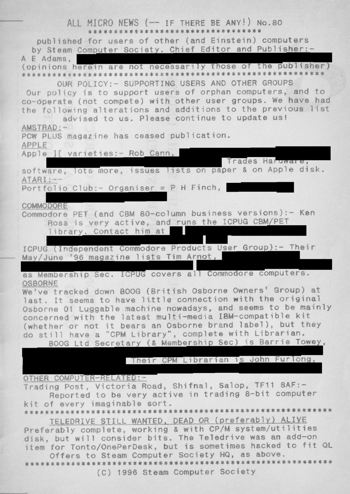 The first page of All Micro News No. 80, late 1996