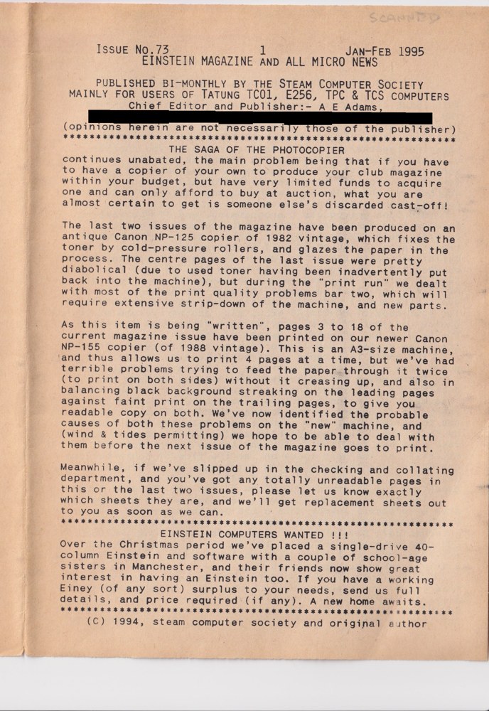 The first page of Einstein Magazine and All Micro News No. 73, January to February 1995