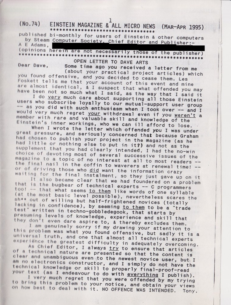 The first page of Einstein Magazine and All Micro News No. 74, March to April 1995