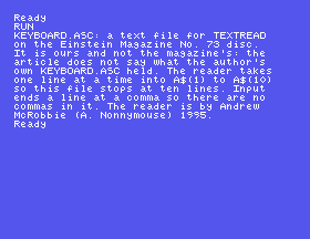 TEXTRD2, the repaired BASIC Text Reader from Einstein Magazine No. 73, printing its text file