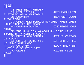 The listing of TEXTREAD as printed, with its comments after a colon and no REM