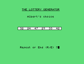 The Lottery Generator showing Albert's choice of six numbers