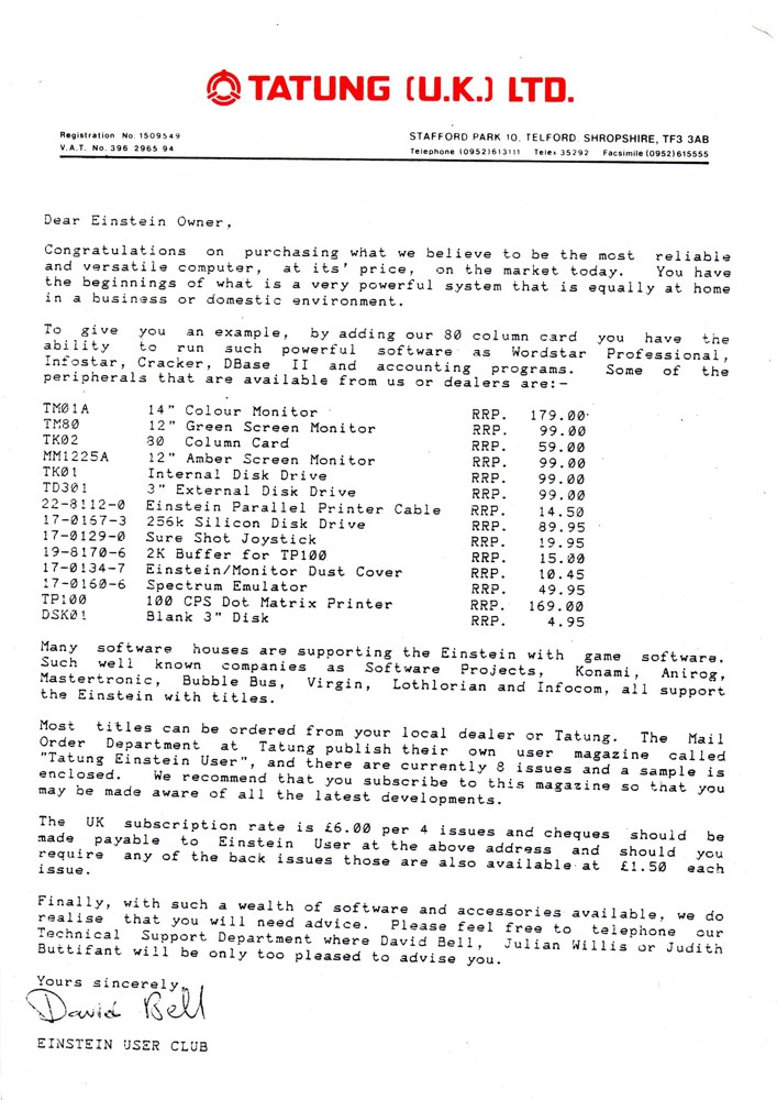 First page of a Tatung letter to Einstein owners