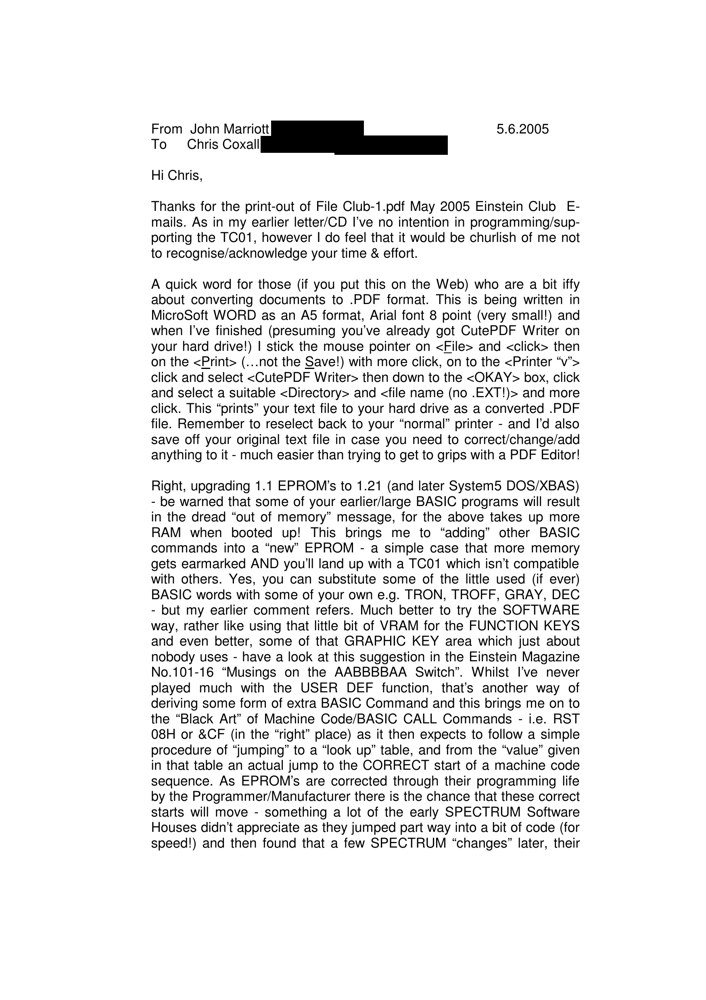 First page of John Marriott's 2005 letter