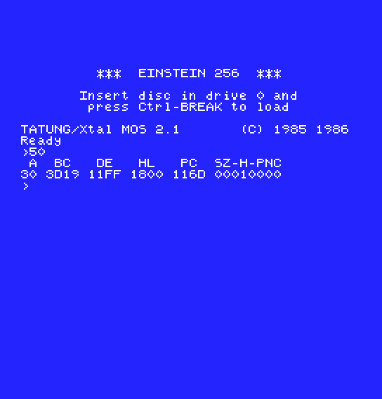 MOS's screen with >50 printed after Ready, then the register display