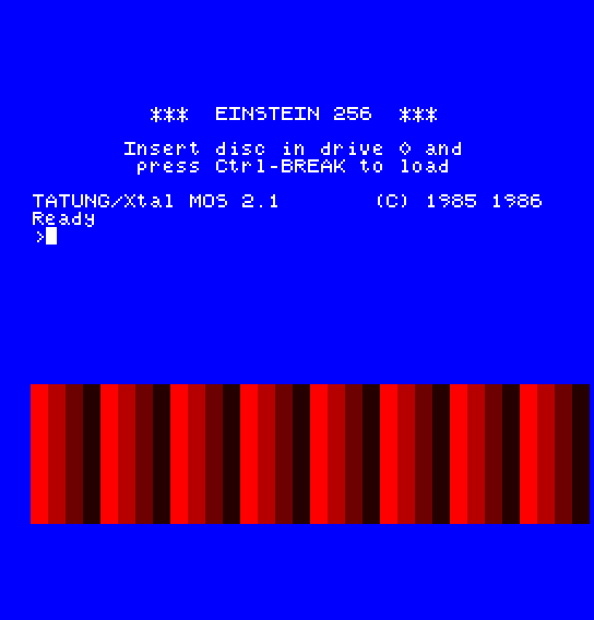 The fade finished: bright blue background, white text, the band of four reds