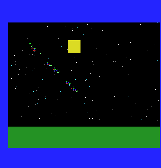 Stray sprites: coloured fragments of MOS's text scattered over the night sky