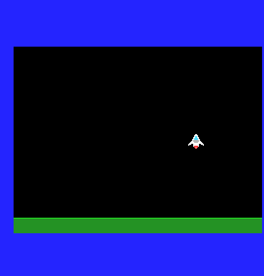 A white ship with a cyan canopy and red flame over a black sky and green ground
