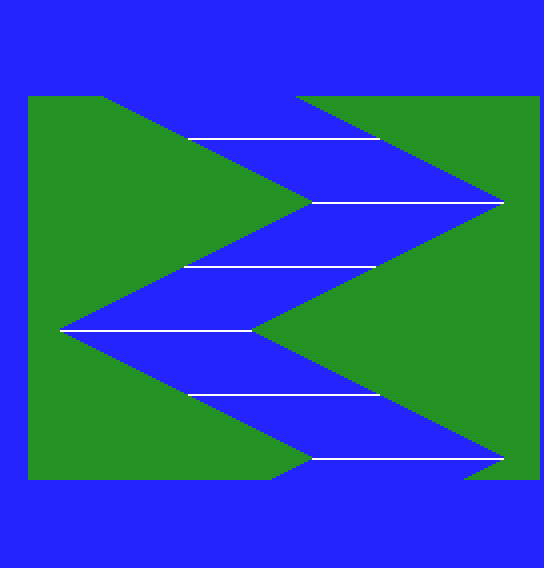 A blue river zigzagging between green banks, with thin white lines across it