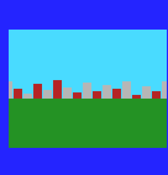 Grey and dark red buildings of different heights between a cyan sky and green ground