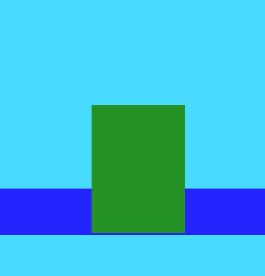 A green rock, cyan sky above, blue sea below a straight waterline