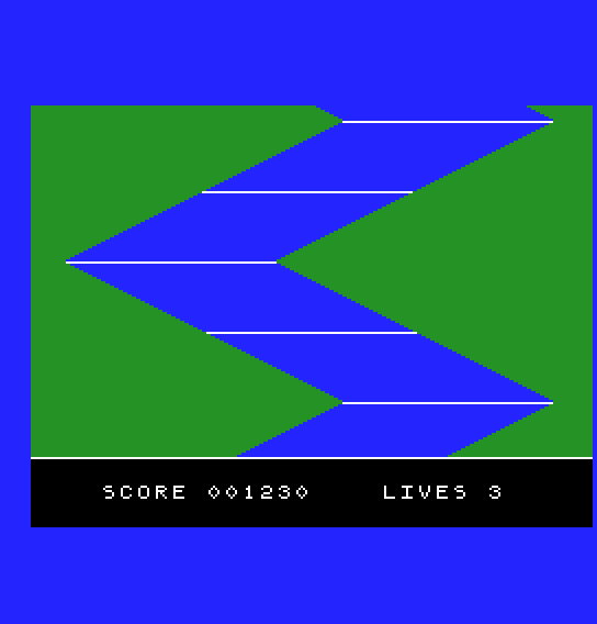 The scrolling river above a still black panel reading SCORE 001230 LIVES 3