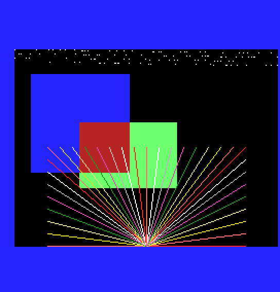 A blue square overlapped by a dark red and light green rectangle, a fan of coloured lines and white stars on black