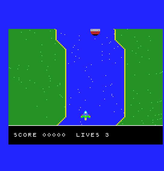 The river at the start, the ship near the bottom, the score panel underneath