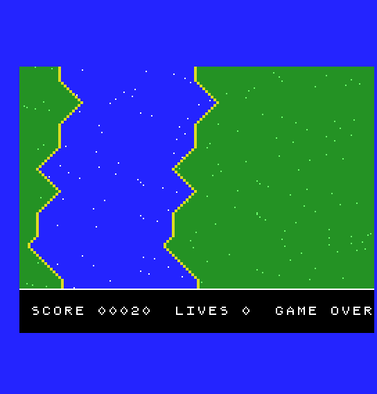 The empty river scrolling above a panel reading SCORE 00020 LIVES 0 GAME OVER