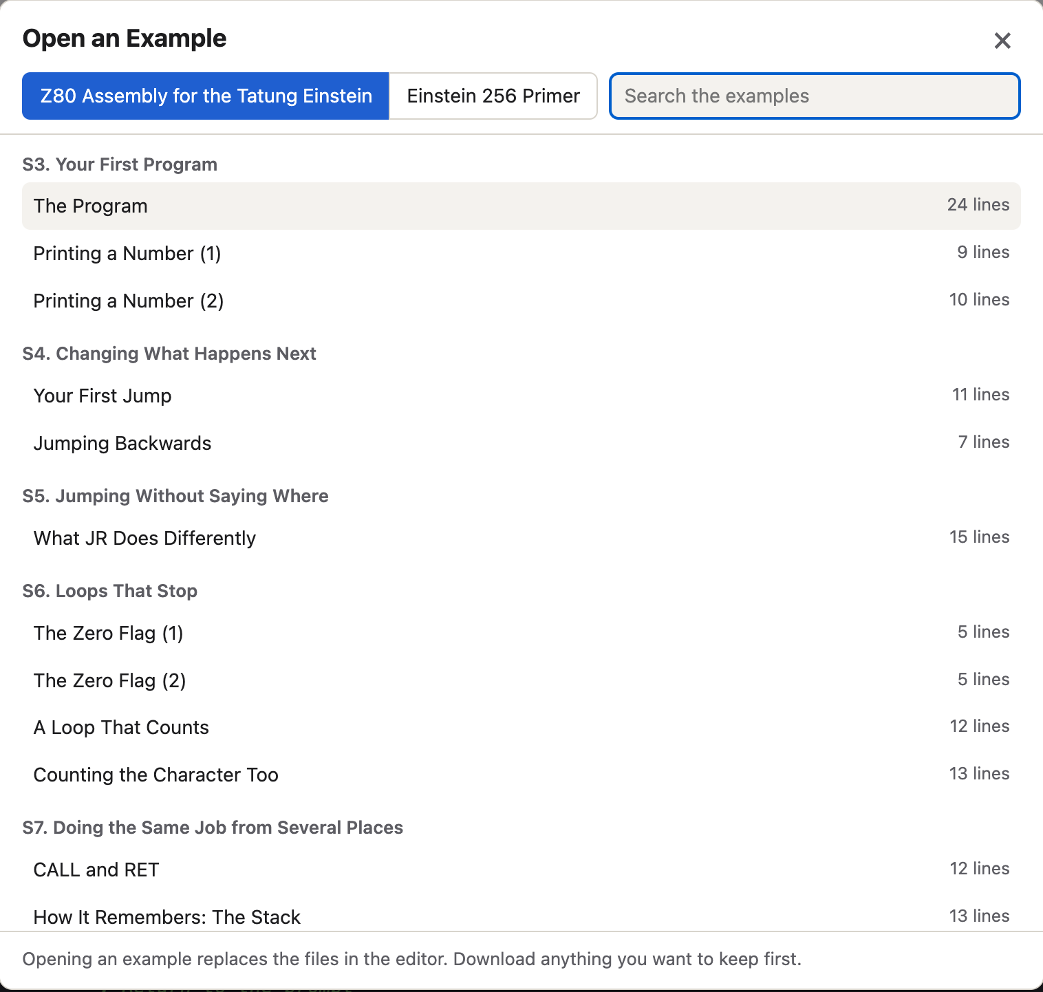 The Open an Example window: the two courses at the top, a search box, and the programs listed under their sections, such as S3 Your First Program and S6 Loops That Stop