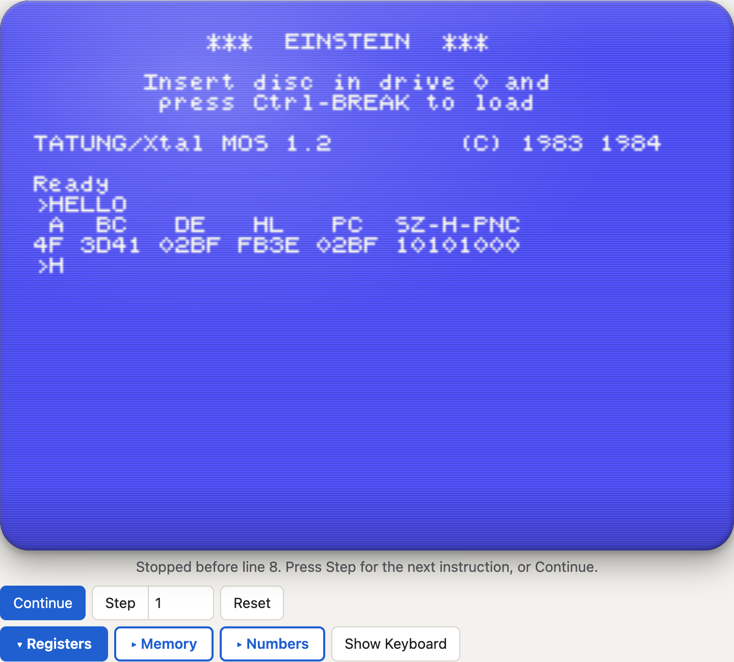 The Einstein's screen with HELLO half printed, the status line reading Stopped before line 8, and the Continue, Step, Reset, Registers, Memory and Numbers buttons under it