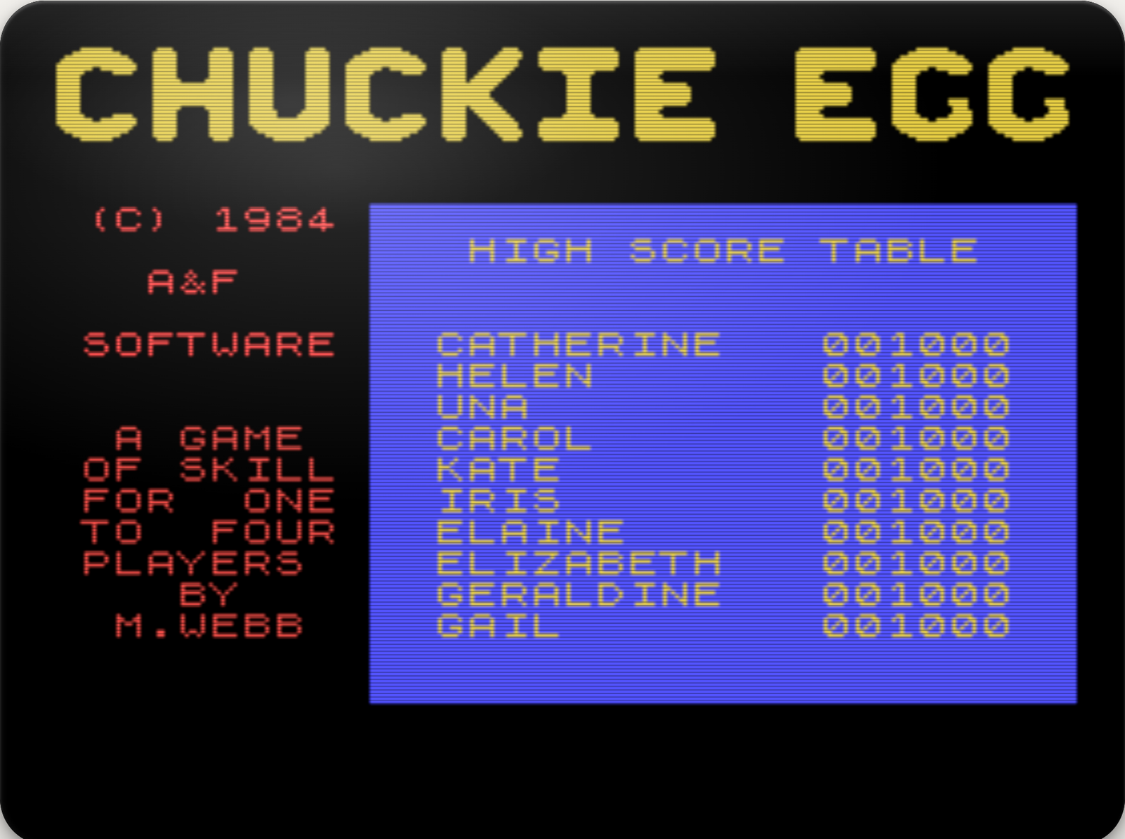 Chuckie Egg's title screen and high score table, running in the Online Player