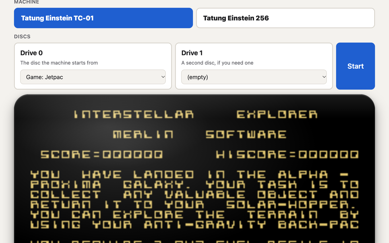 The Online Player: the machine and drive choices above the Einstein screen, with Jetpac running