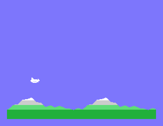 A second demonstration: a landscape of green hills and grey peaks scrolling one pixel a frame under a white ship