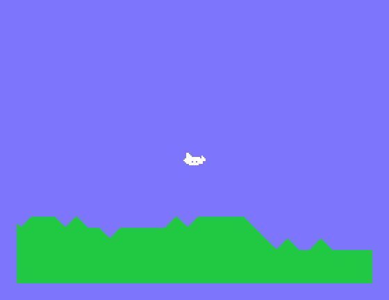 Our demonstration program: green hills scrolling one pixel a frame under a white ship