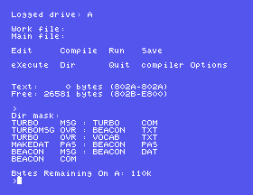 Turbo Pascal's menu listing the files on the disc, with 110K remaining