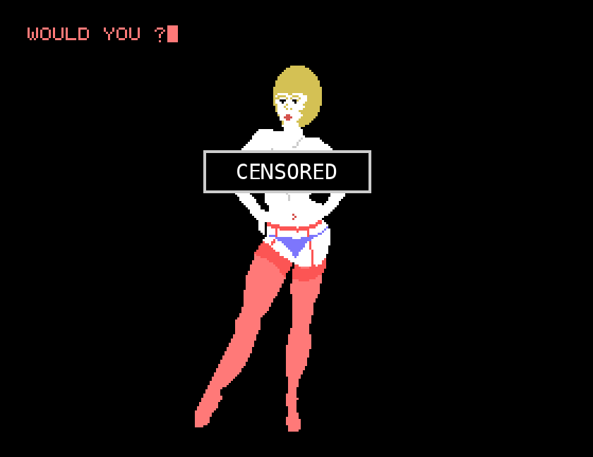 The CERTX pin up on the Einstein's screen under the words WOULD YOU ?, with a black bar marked CENSORED across her chest