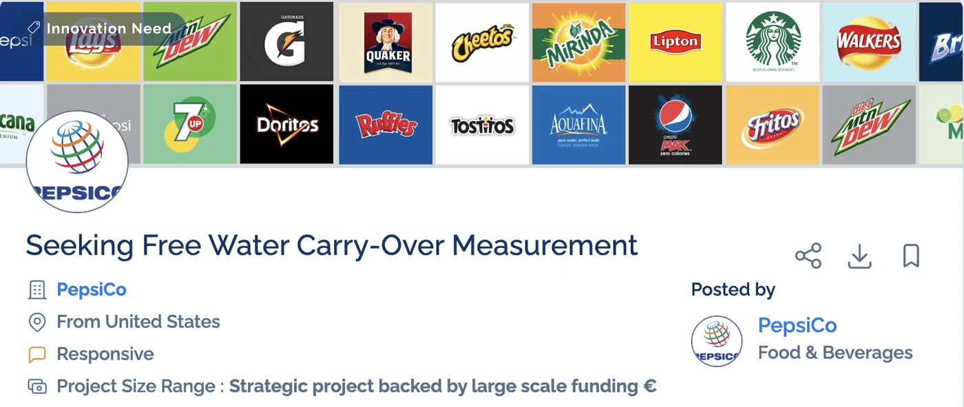 Innoget listing where PepsiCo posts an open innovation need titled Seeking Free Water Carry-Over Measurement.