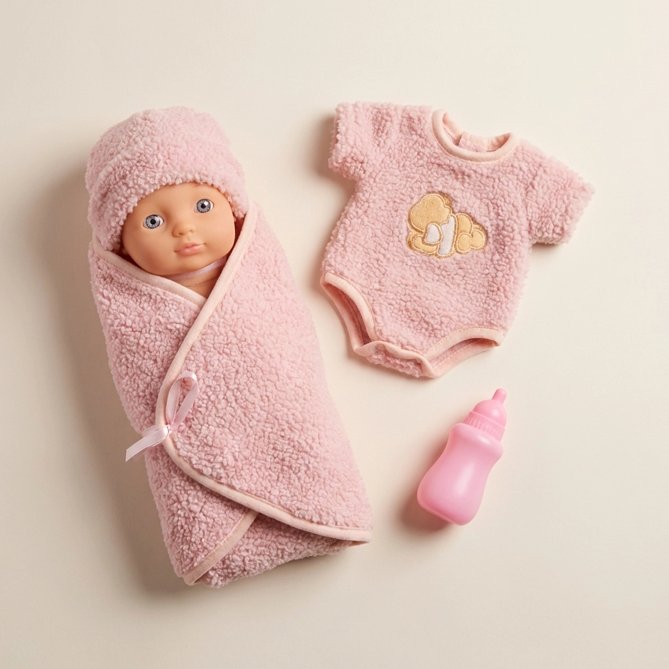 Baby doll wrapped in pink blanket with matching hat, pink onesie, and pink baby bottle nearby.
