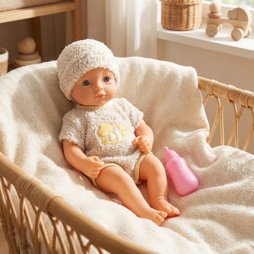 Baby doll wearing textured outfit and hat, lying in wicker bassinet with pink bottle beside it.
