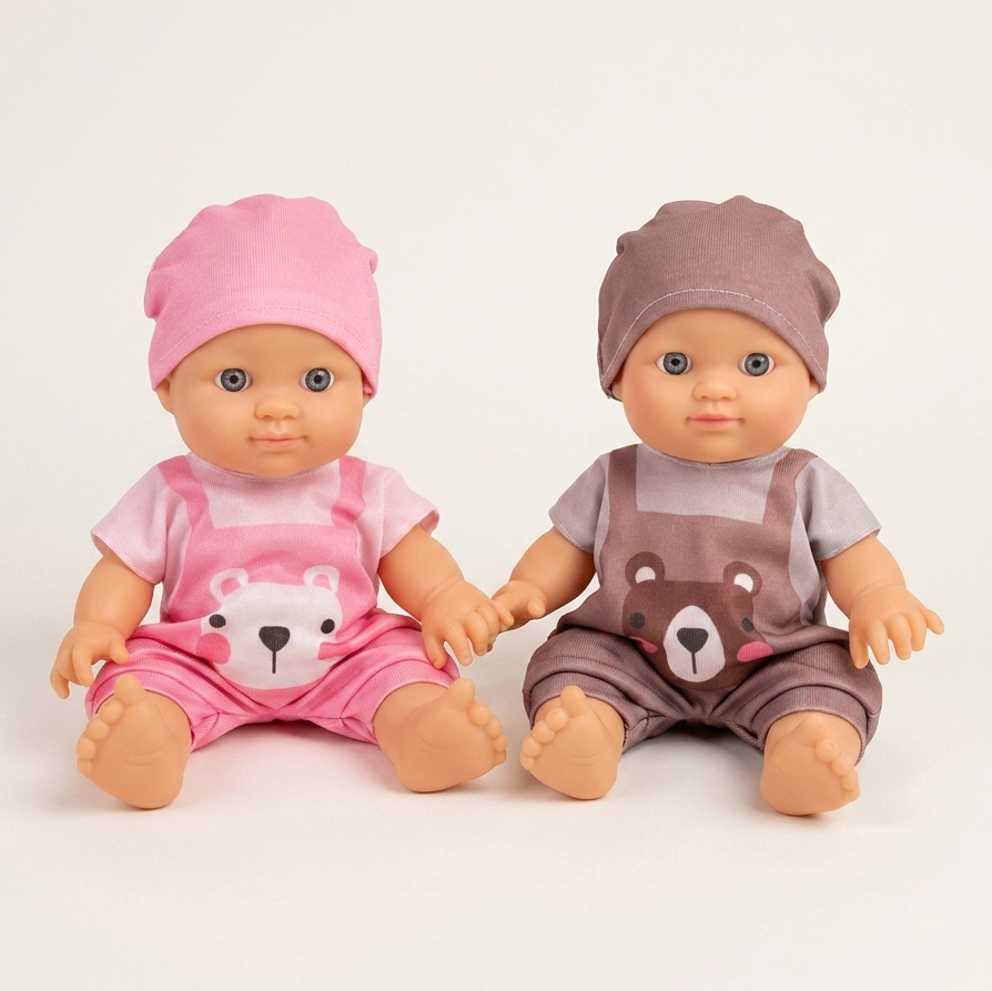 Two baby dolls sitting side by side holding hands, one in pink and one in brown bear outfits.