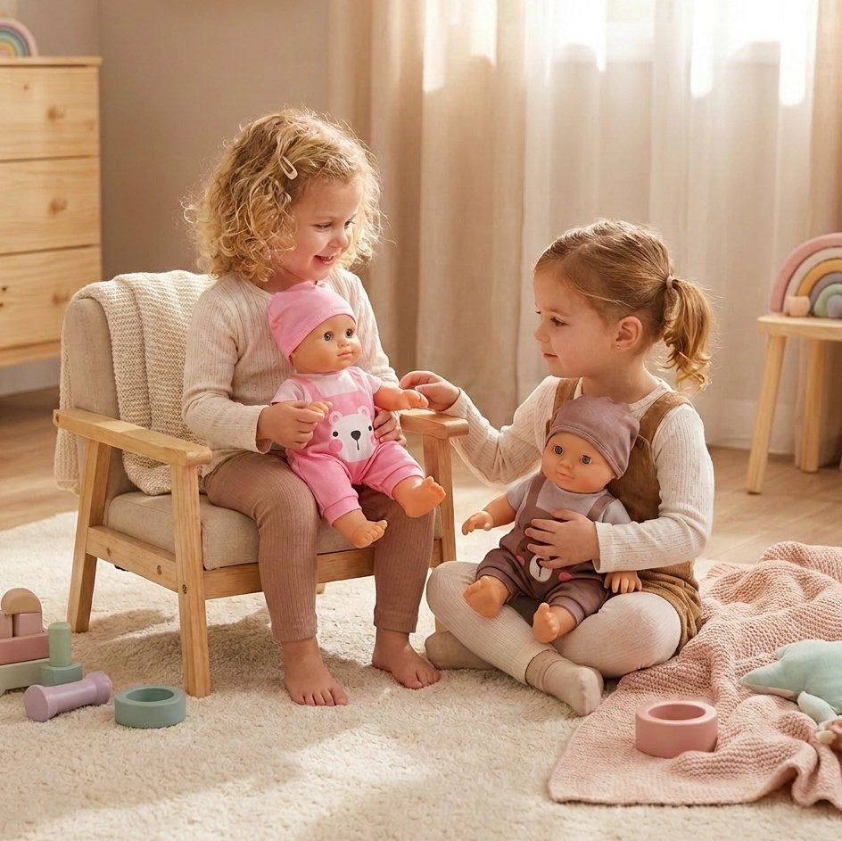 Two young girls playing with baby dolls in a cozy, softly lit room with wooden furniture and toys.