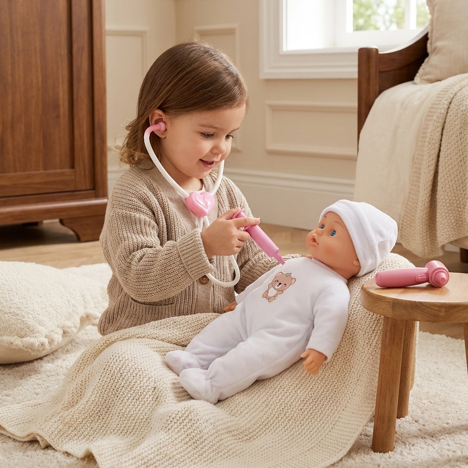 A girl in a beige sweater plays doctor using a toy stethoscope on a baby doll in white clothes.