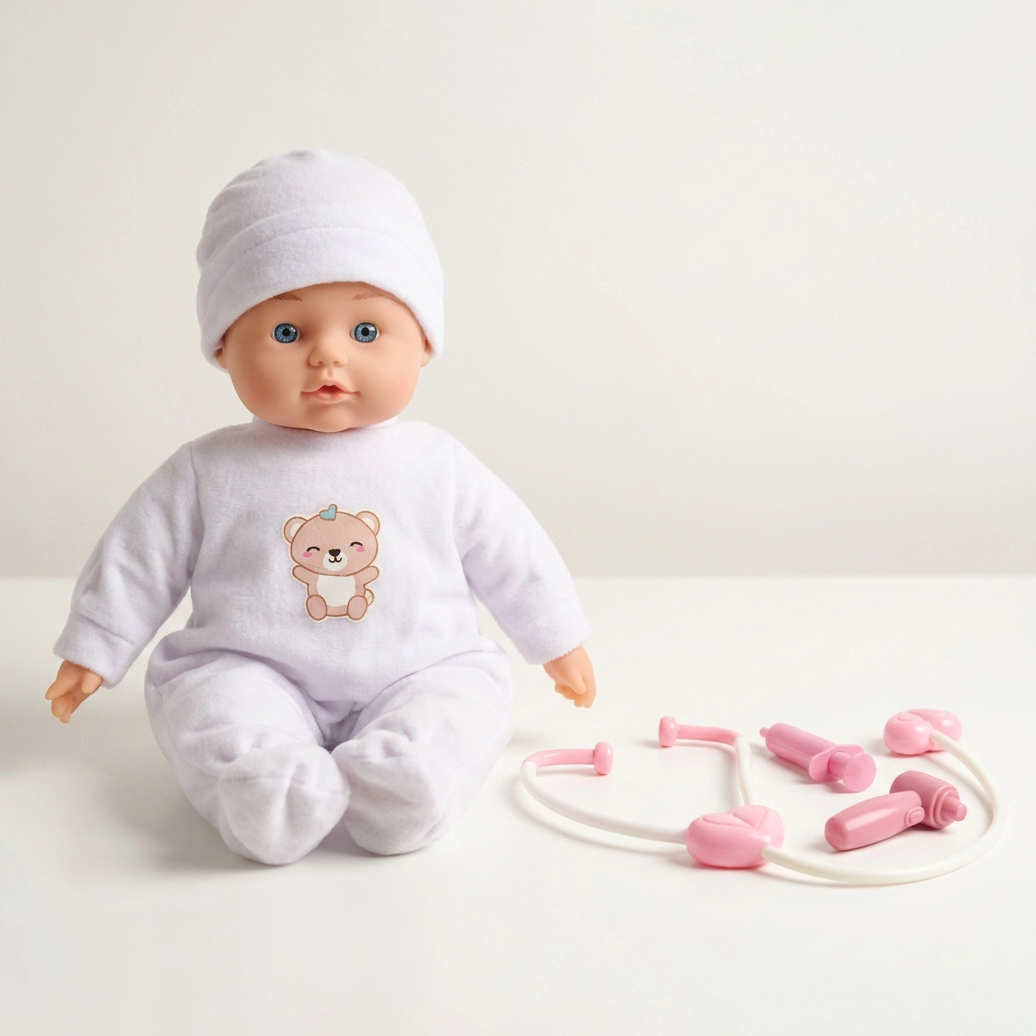 Baby doll in white outfit and hat sitting next to pink toy doctor stethoscope and syringe.