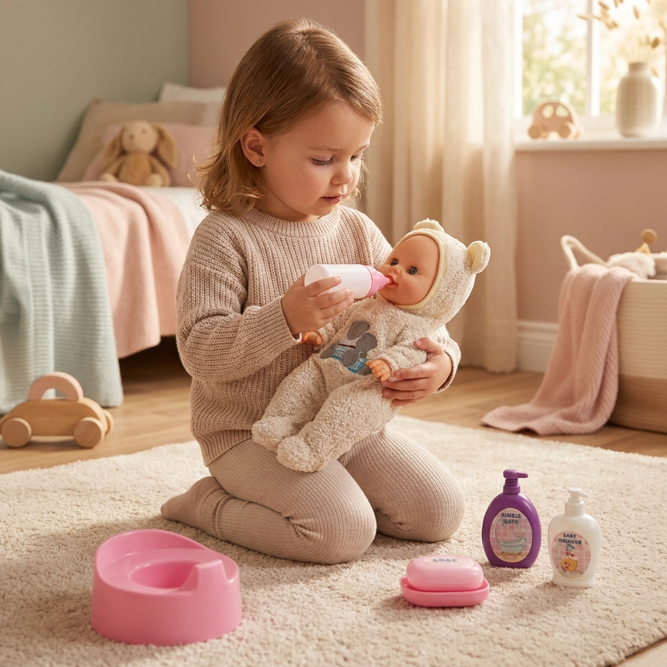 Toddler girl feeding a baby doll with a bottle while kneeling on a beige carpet in a bedroom.