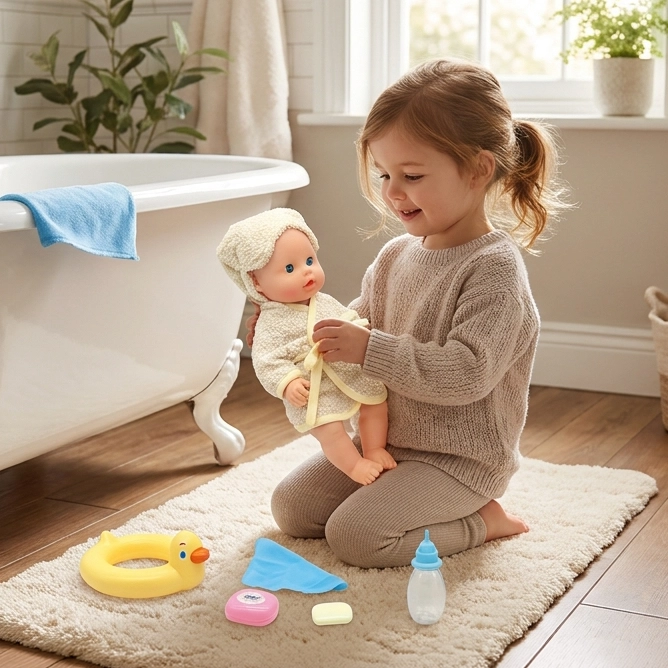 Baby doll in a fluffy robe with a bottle, blue cloth, soap bars, and a yellow duck float ring.