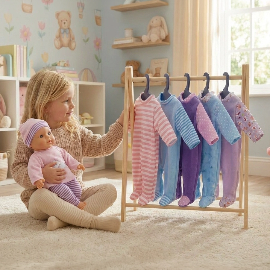 A girl sitting on a rug holding a baby doll with striped pajamas hanging on a wooden rack.