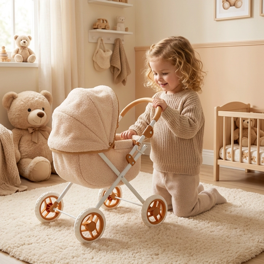 Smiling toddler in beige sweater kneeling by beige baby stroller in a cozy nursery room.