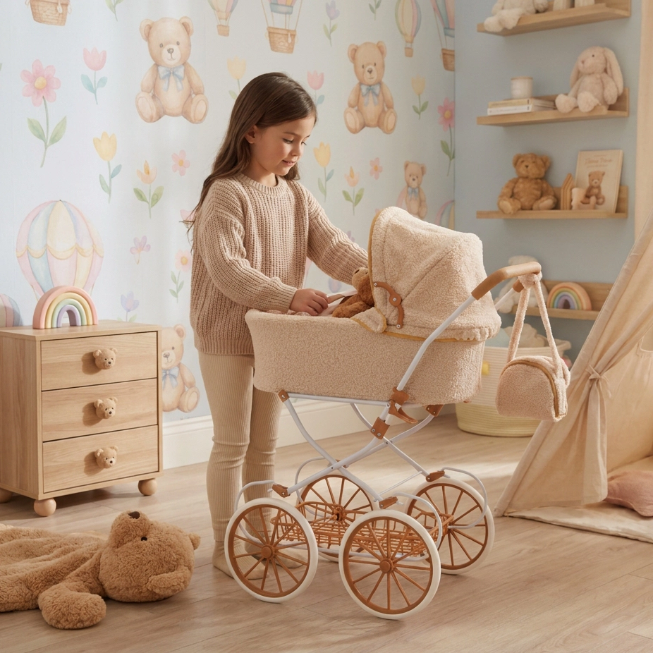 Young girl playing with beige teddy bear in a beige doll stroller in a bear-themed nursery.