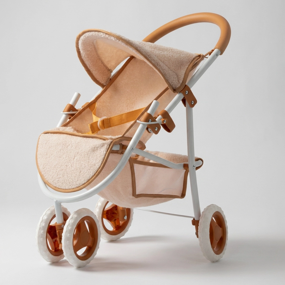 Beige plush fabric baby stroller with white frame, brown accents, and storage basket under the seat.