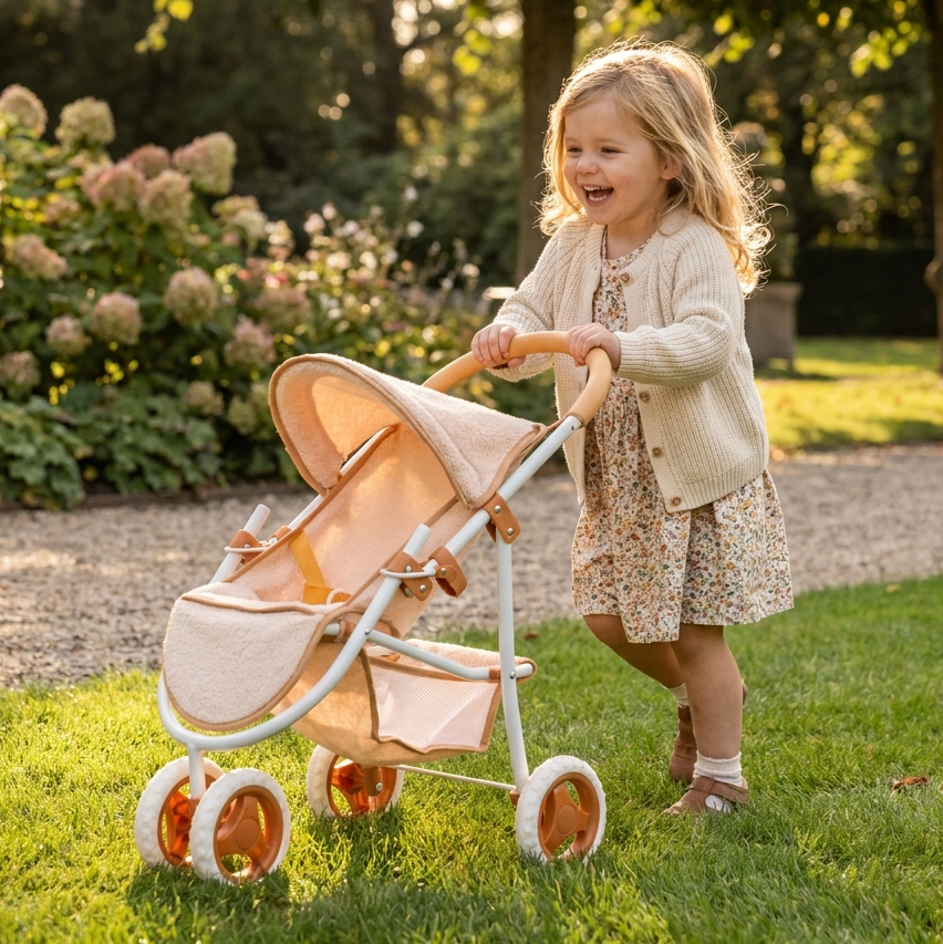 A smiling young girl pushing a beige doll stroller on green grass in a sunny garden.