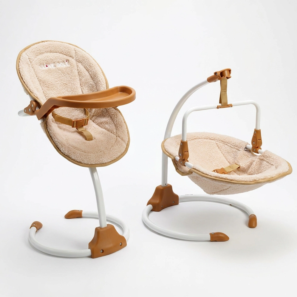 Two beige baby seats with white frames and brown accents, one with tray and one hanging swing style.
