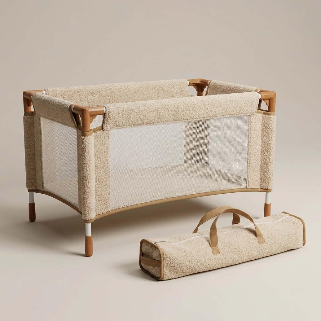 Beige portable baby playpen with mesh sides and soft fabric cover next to a matching carrying bag.